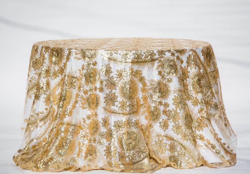 120" gold lace overlay round