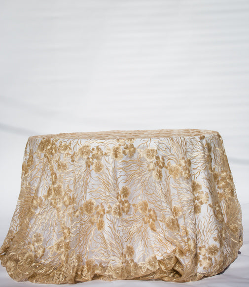 120" round champagne lace overlays