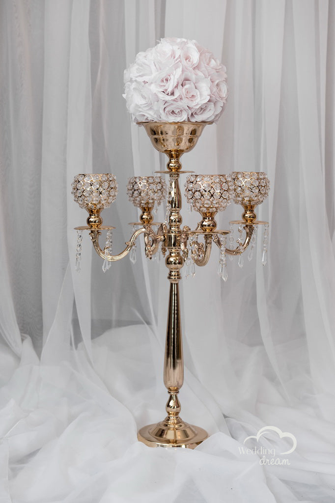 24" Gold Candelabra with 4 Arms with Diamond Balls and Flower Holder