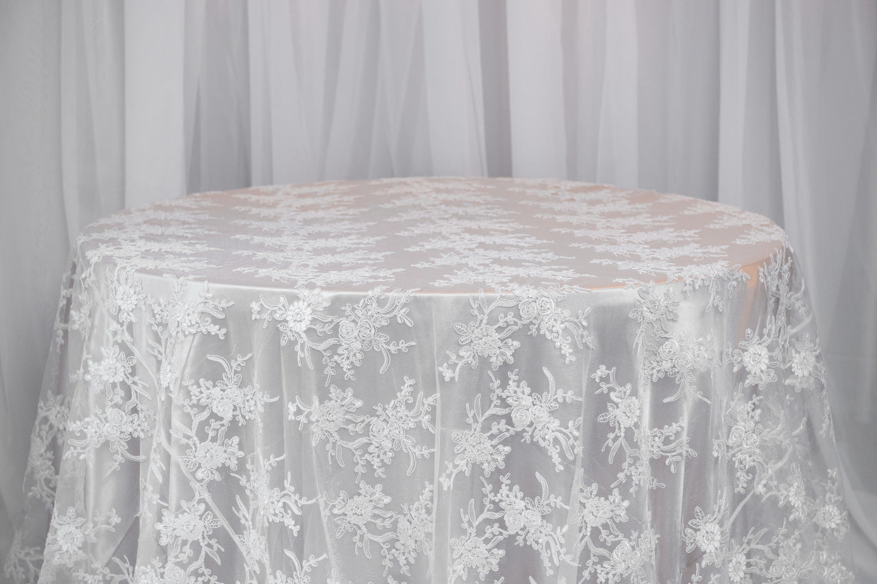 90x174" off white brocade lace table cloths rentangle