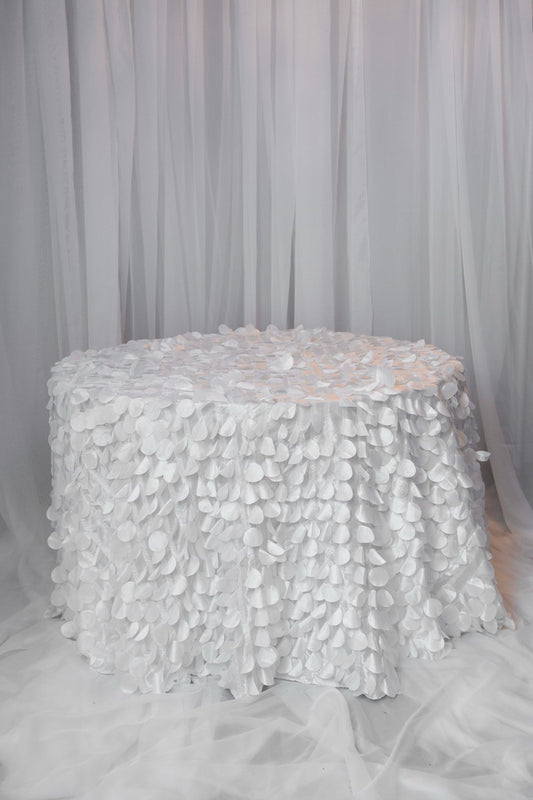 120" white petaled table cloths round