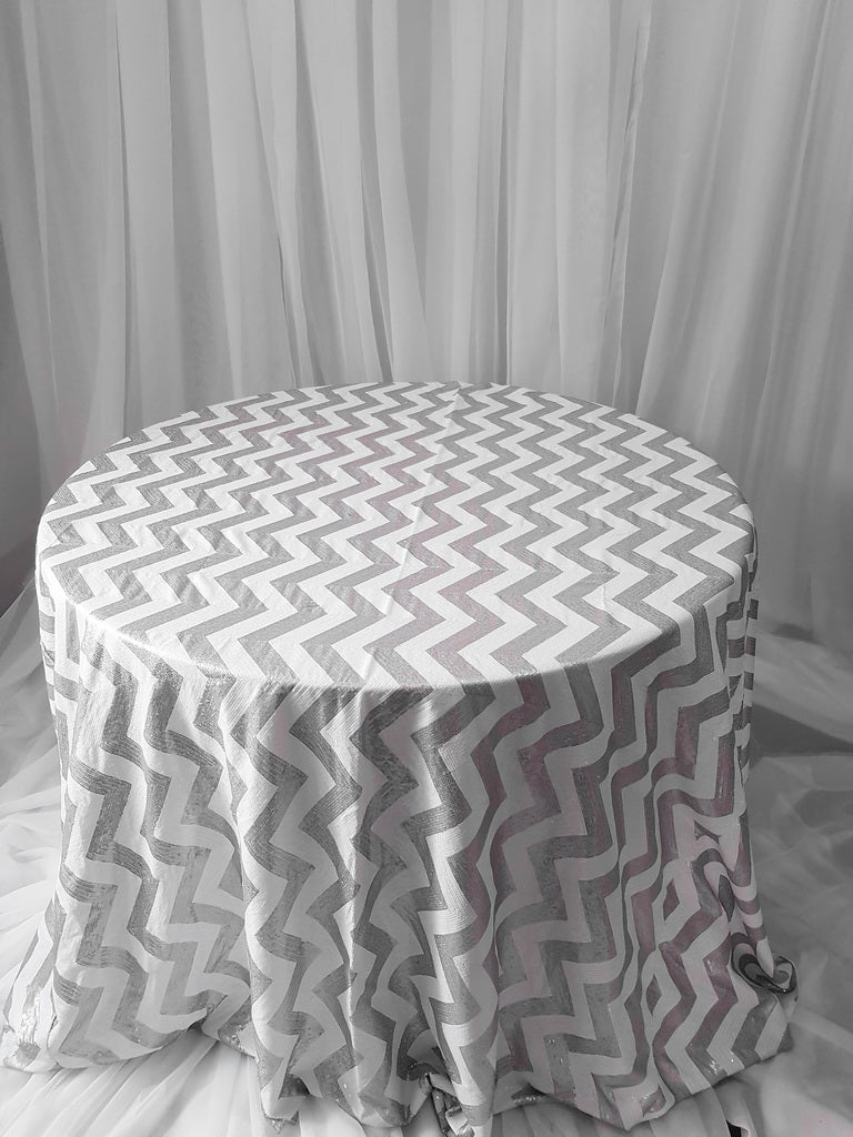 silver and white chevron sequins table cloths 90x174"