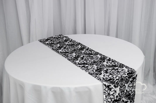 9' Black & White Damasked Flocked Table Runner